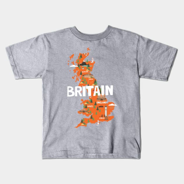 Great Britain Illustrated Map Kids T-Shirt by JunkyDotCom